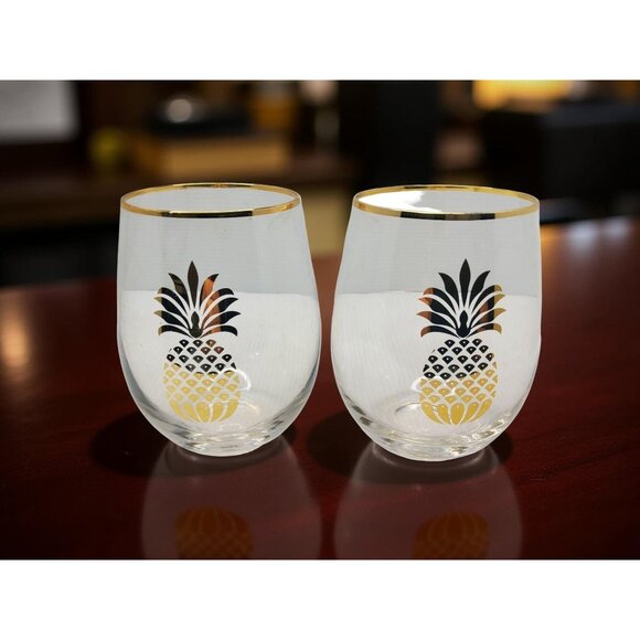 vintage gold trim golden pineapple stemless Highball glasses - Picture 5 of 9